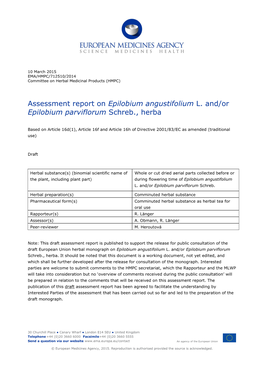 Assessment Report on Epilobium Angustifolium L. And/Or Epilobium Parviflorum Schreb., Herba
