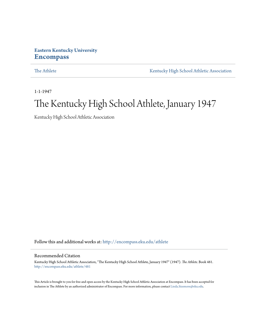 The Kentucky High School Athlete, January 1947 Kentucky High School Athletic Association