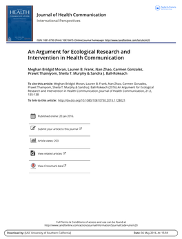 An Argument for Ecological Research and Intervention in Health Communication