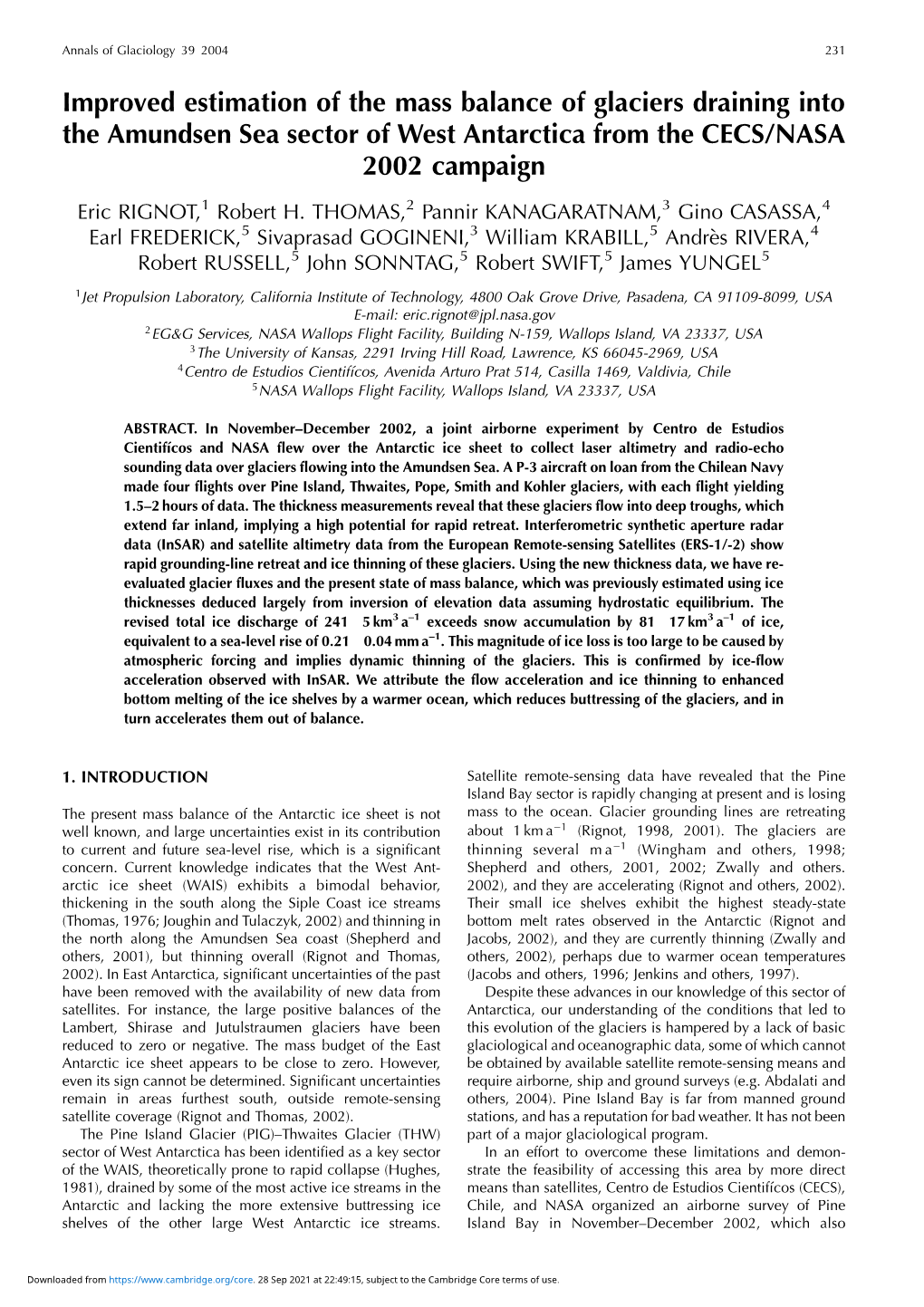 Improved Estimation of the Mass Balance of Glaciers Draining Into the Amundsen Sea Sector of West Antarctica from the CECS/NASA 2002 Campaign