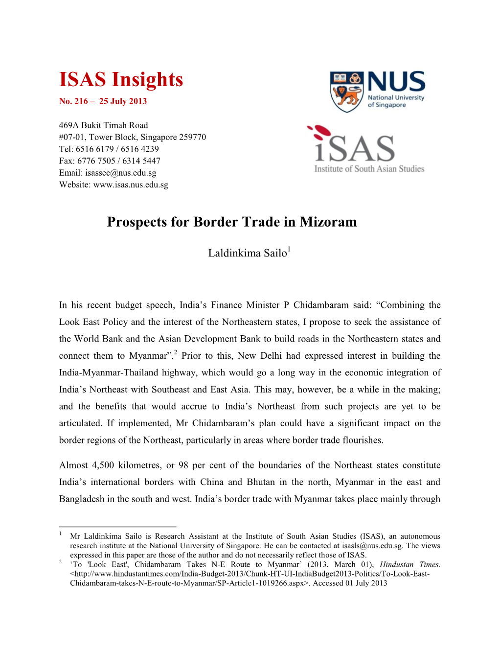 Prospects for Border Trade in Mizoram