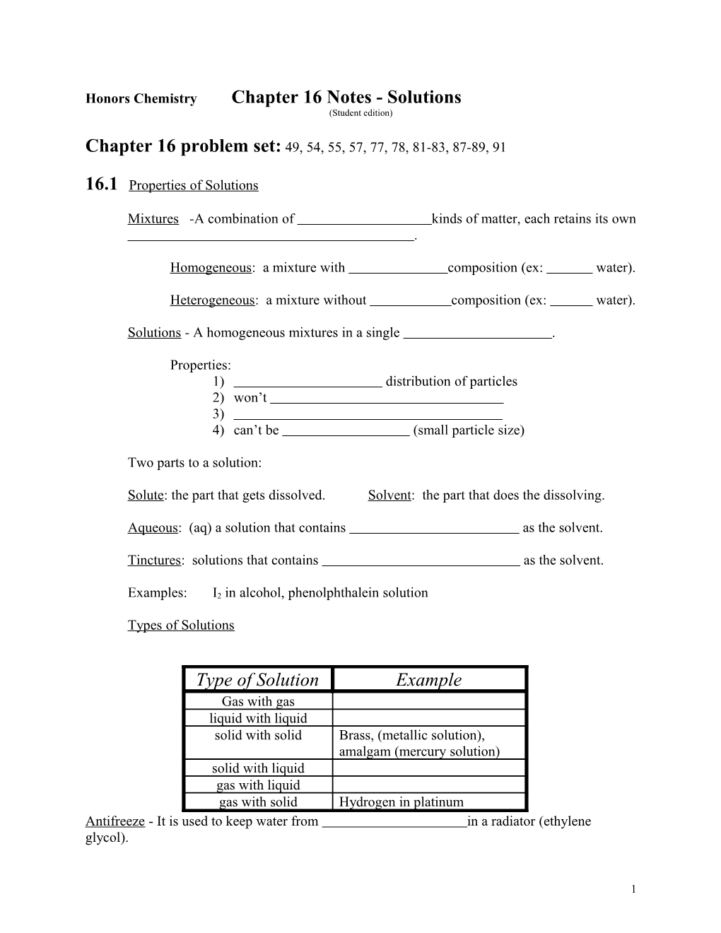 Honors Chemistry Chapter 16 Notes - Solutions