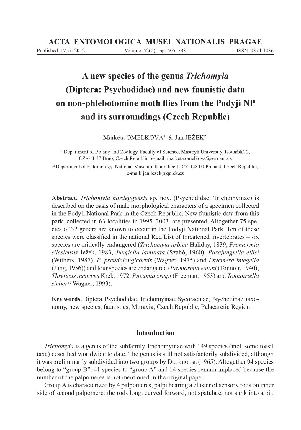 A New Species of the Genus Trichomyia (Diptera: Psychodidae)