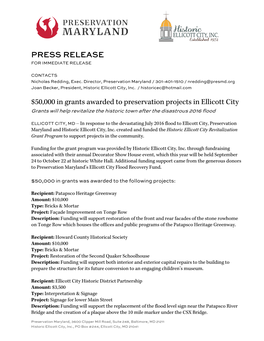 PRESS RELEASE $50,000 in Grants Awarded to Preservation Projects in Ellicott City