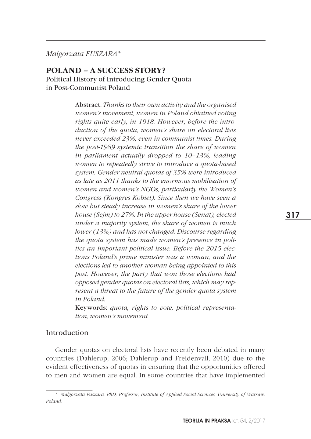 POLAND – a SUCCESS STORY? Political History of Introducing Gender Quota in Post-Communist Poland