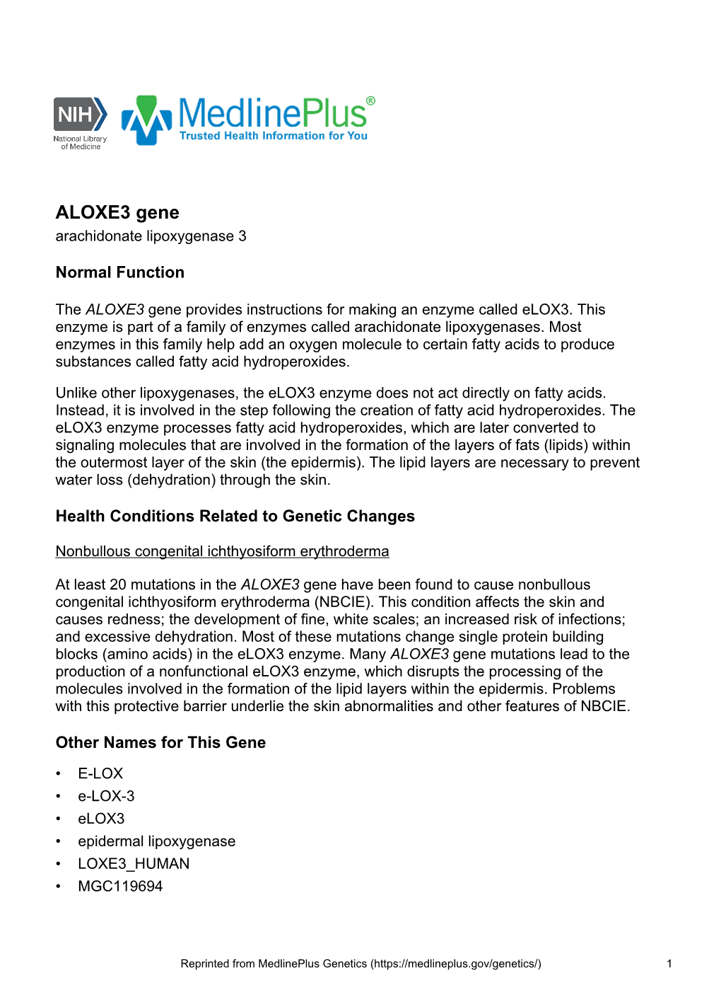 ALOXE3 Gene Arachidonate Lipoxygenase 3