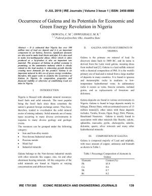Occurrence of Galena and Its Potentials for Economic and Green Energy Revolution in Nigeria