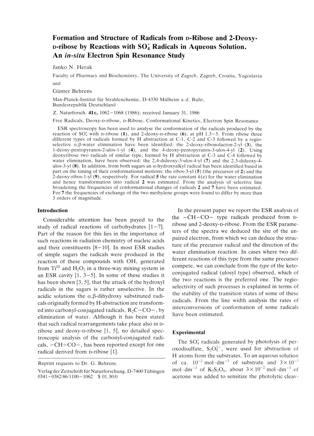 Formation and Structure of Radicals from D-Ribose and 2-Deoxy- D-Ribose by Reactions with SO 4 Radicals in Aqueous Solution