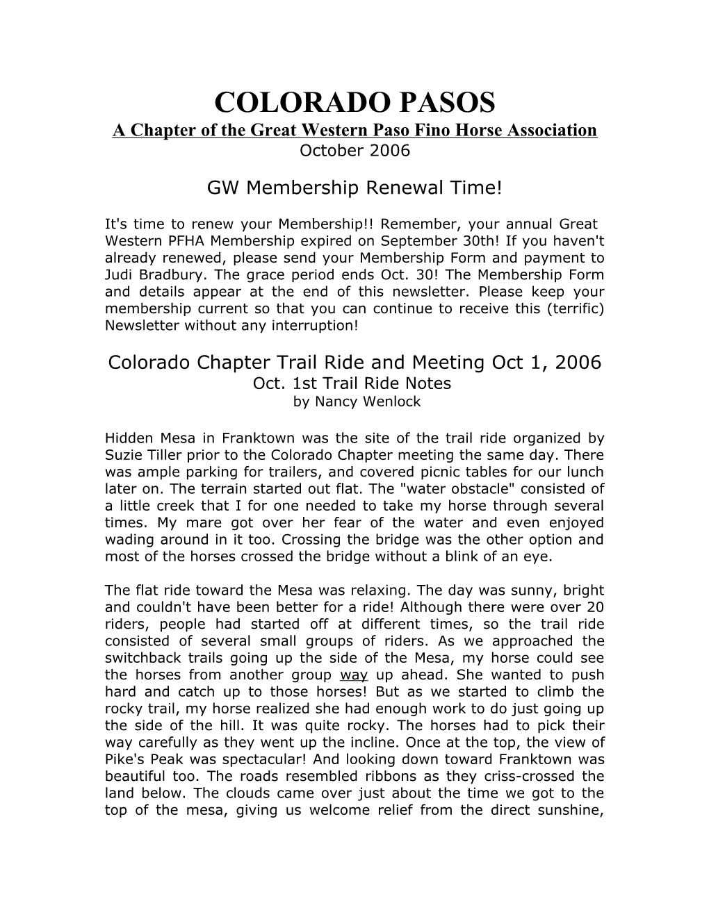 A Chapter of the Great Western Paso Fino Horse Association