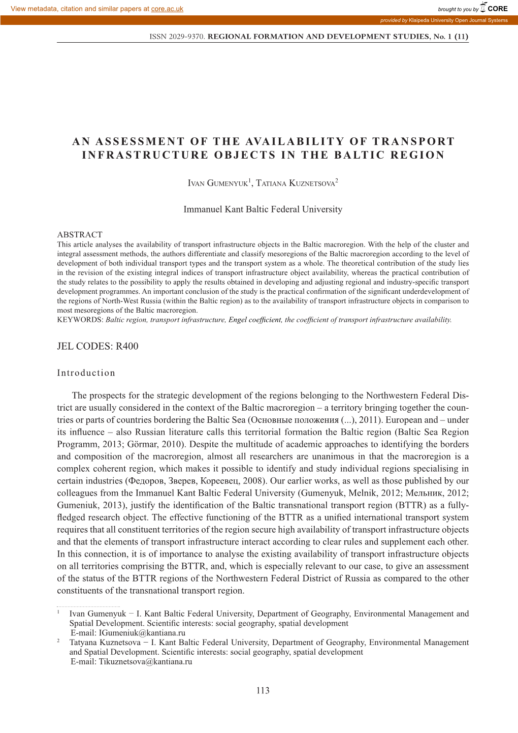 An Assessment of the Availability of Transport Infrastructure Objects in the Baltic Region