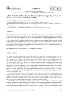 A List of the Caddisflies (Insecta: Trichoptera) from Kyrgyzstan, with a New Record (Triaenodes Reuteri Mclachlan 1880)