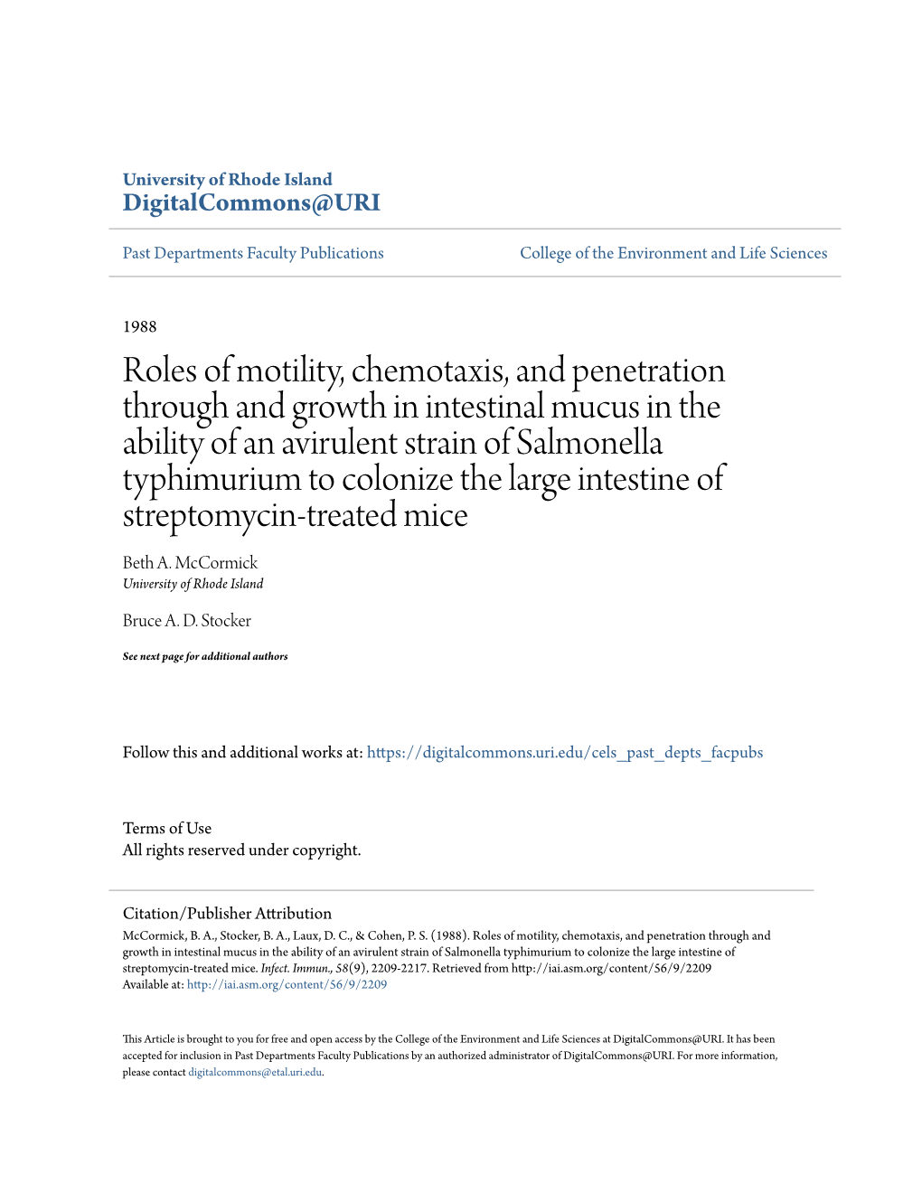 Roles of Motility, Chemotaxis, and Penetration Through and Growth in Intestinal Mucus in the Ability of an Avirulent Strain of S