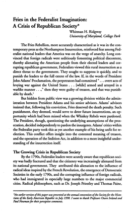 Fries in the Federalist Imagination: a Crisis of Republican Society* Whitman H