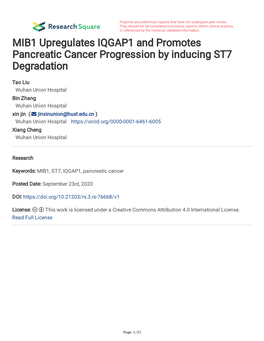 MIB1 Upregulates IQGAP1 and Promotes Pancreatic Cancer Progression by Inducing ST7 Degradation
