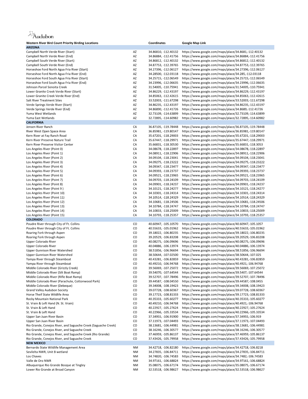 Western River Bird Count Priority Birding Locations Coordinates Google Map Link ARIZONA Campbell North Verde River