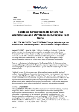 Telelogic Strengthens Its Enterprise Architecture and Development Lifecycle Tool Suite