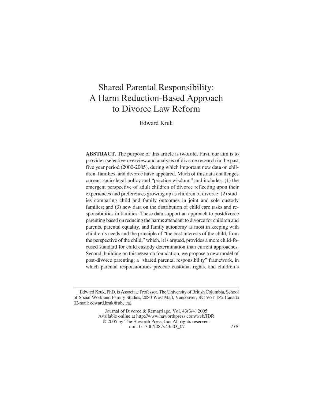 Shared Parental Responsibility: a Harm Reduction-Based Approach to Divorce Law Reform