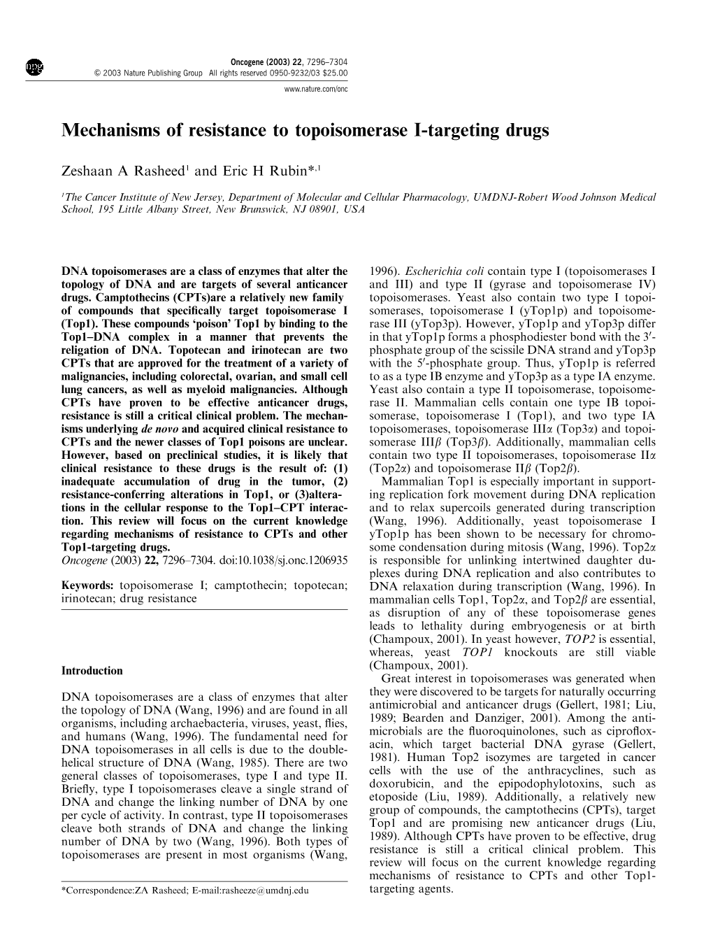 Mechanisms of Resistance to Topoisomerase I-Targeting Drugs