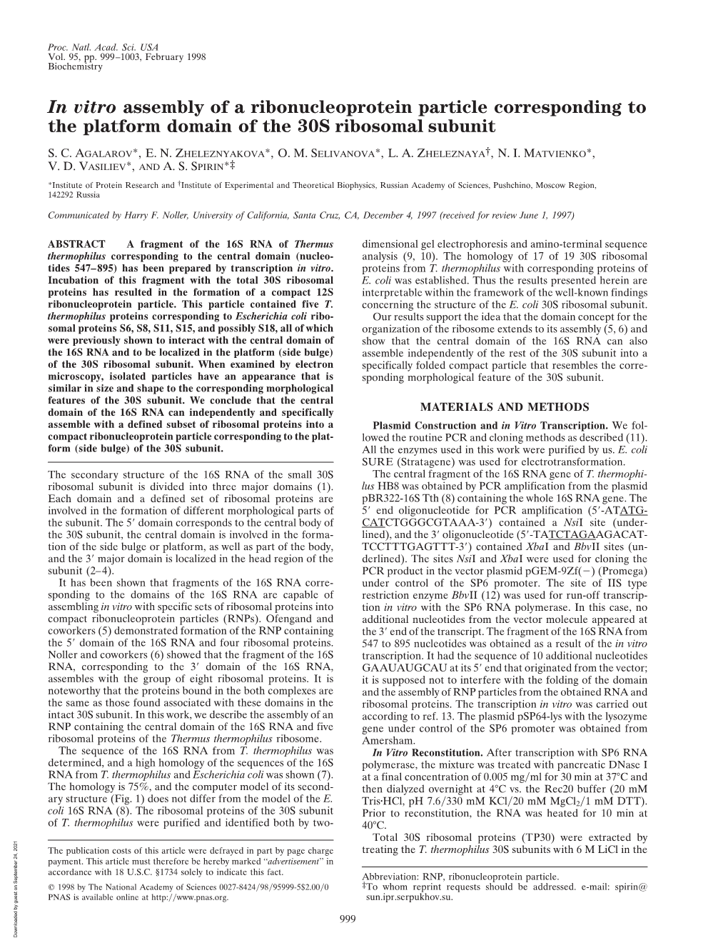 In Vitro Assembly of a Ribonucleoprotein Particle Corresponding to the Platform Domain of the 30S Ribosomal Subunit