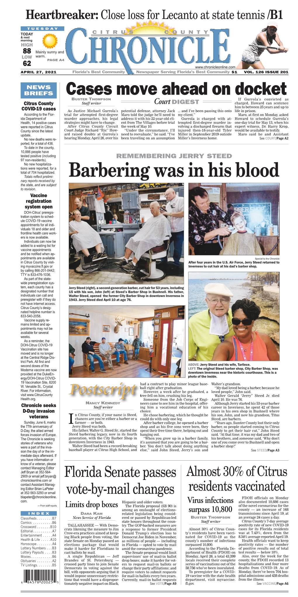 Barbering Was in His Blood Nary Reports Received by the State, and Are Subject to Revision