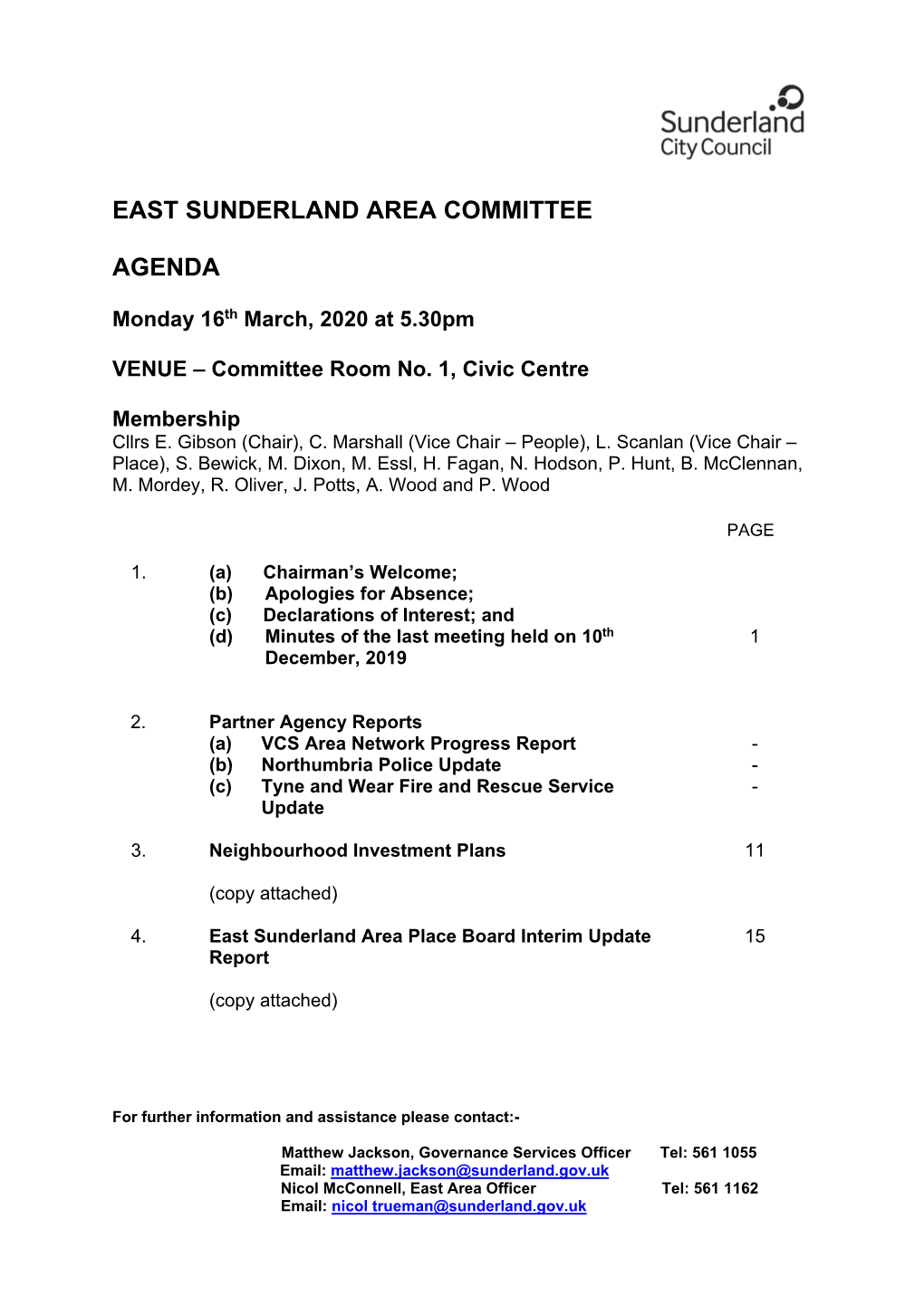 East Sunderland Area Committee Agenda