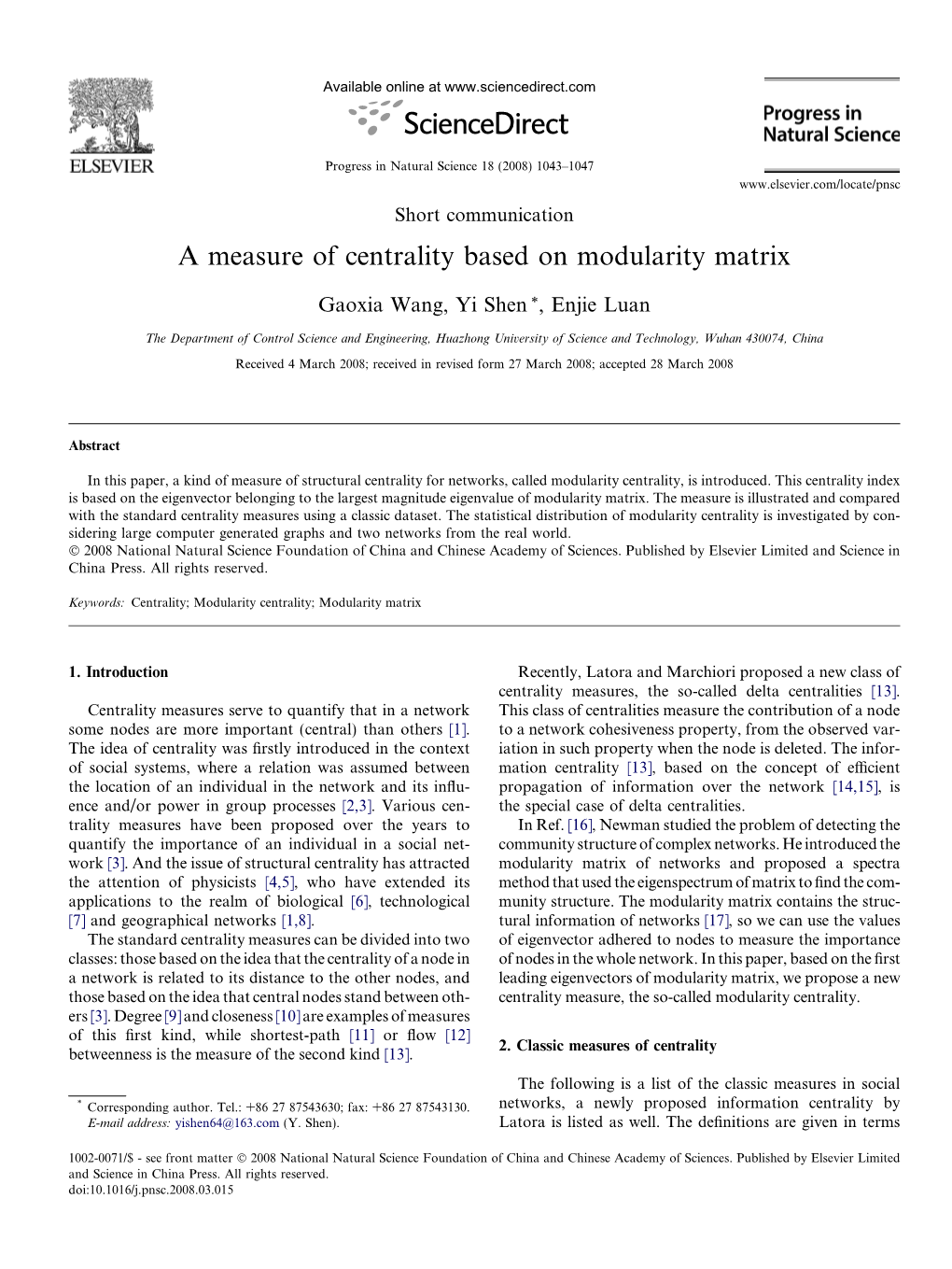 A Measure of Centrality Based on Modularity Matrix