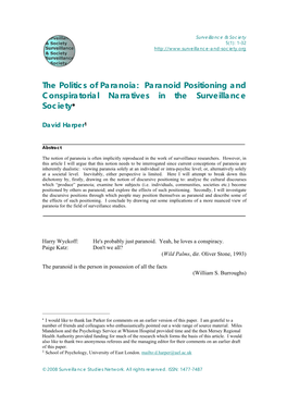 The Politics of Paranoia: Paranoid Positioning and Conspiratorial Narratives in the Surveillance Society∗
