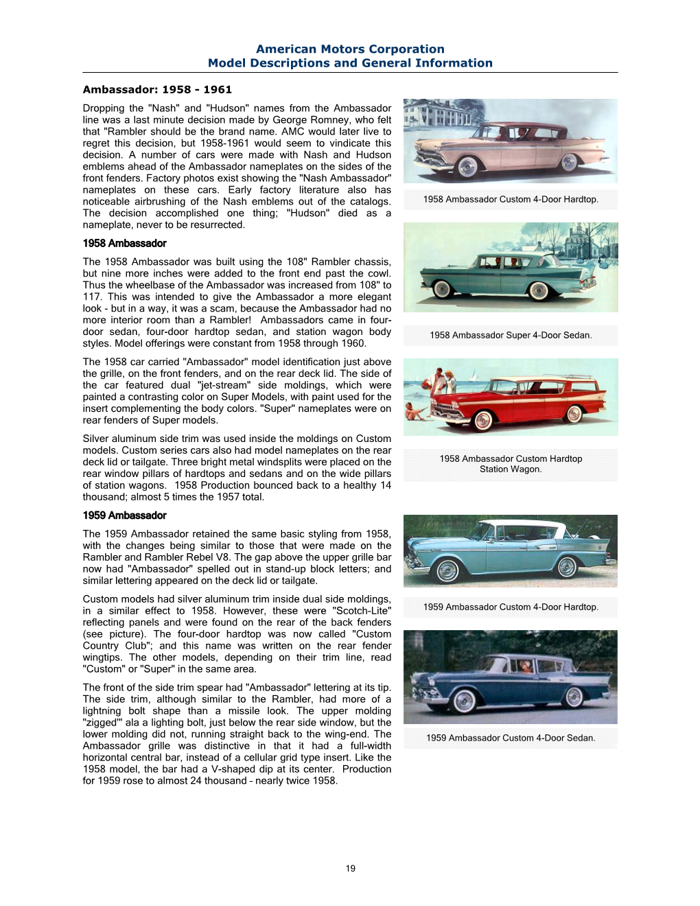 American Motors Corporation Model Descriptions and General Information