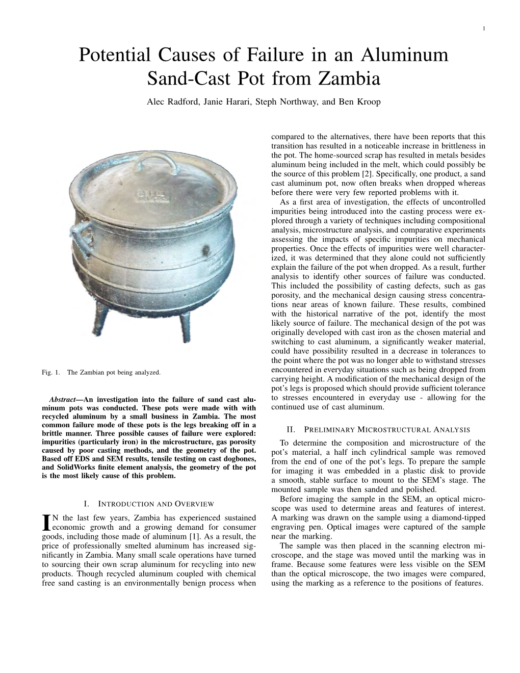 Potential Causes of Failure in an Aluminum Sand-Cast Pot from Zambia Alec Radford, Janie Harari, Steph Northway, and Ben Kroop