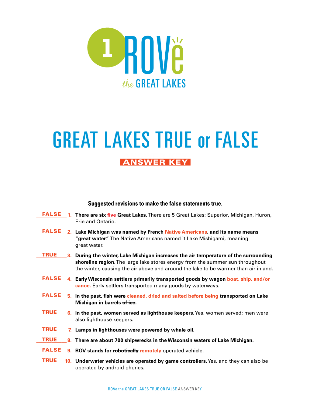 GREAT LAKES TRUE Or FALSE ANSWER KEY ANSWER KEY