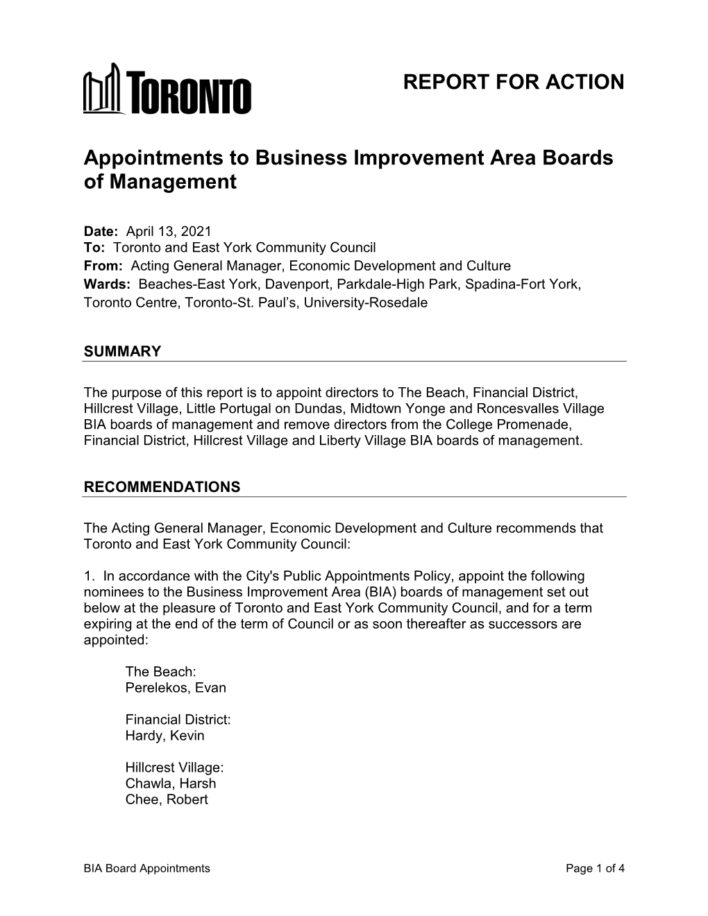Appointments to Business Improvement Area Boards of Management