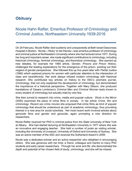 Obituary Nicole Hahn Rafter, Emeritus Professor of Criminology And