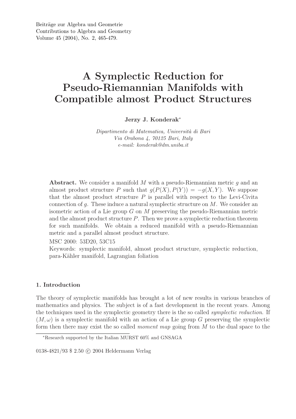 A Symplectic Reduction for Pseudo-Riemannian Manifolds with Compatible Almost Product Structures