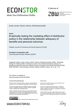 Empirically Testing the Mediating Effect of Distributive Justice in the Relationship Between Adequacy of Benefits and Personal Outcomes