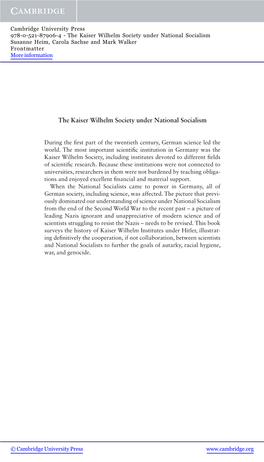 The Kaiser Wilhelm Society Under National Socialism Susanne Heim, Carola Sachse and Mark Walker Frontmatter More Information