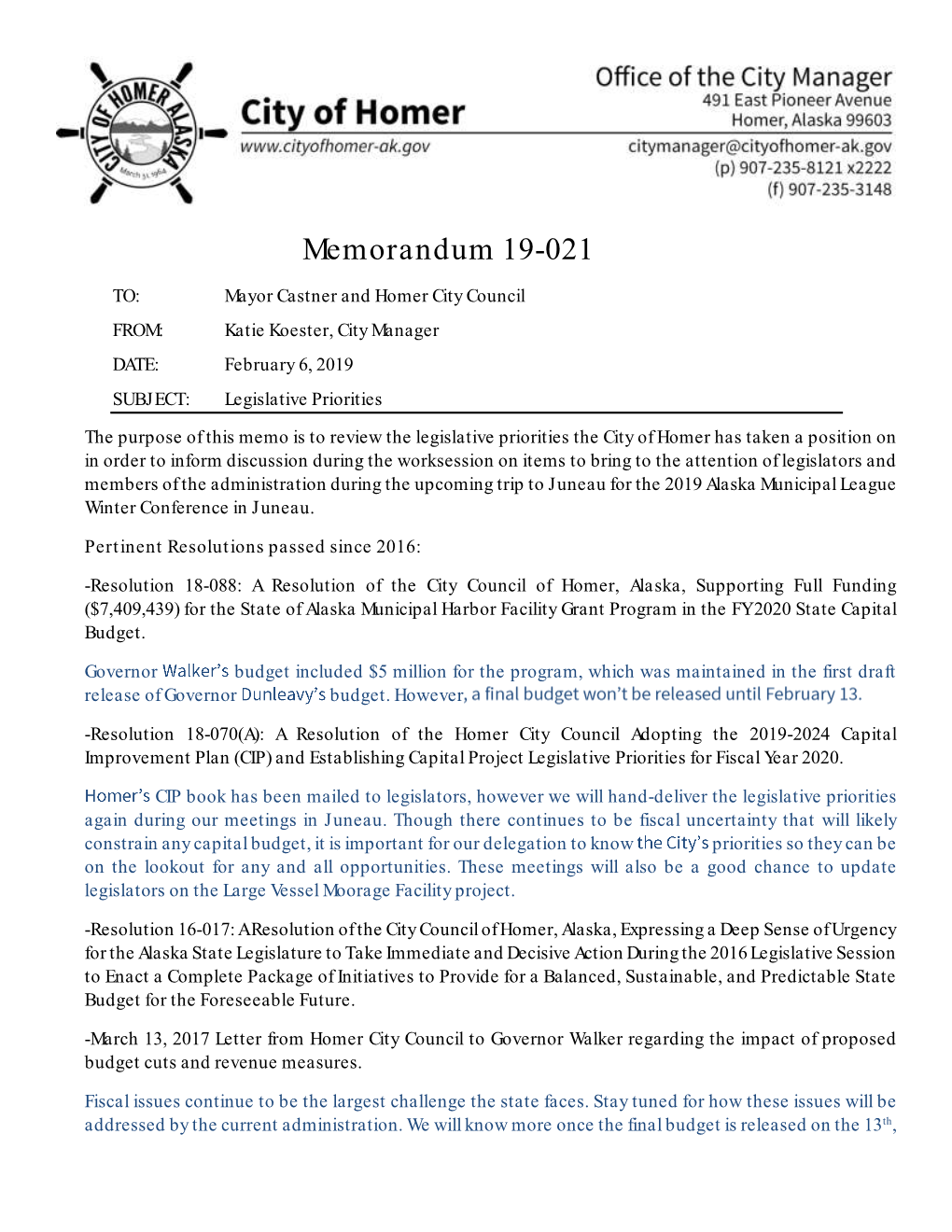 Memorandum 19-021 Legislative Priorities