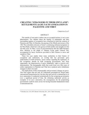Creating “Strangers in Their Own Land”: Settlements As De Facto Annexation in Palestine and Tibet