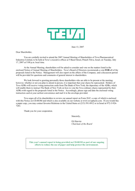 Teva Pharmaceutical Industries Limited, to Be Held at Teva’S Executive Offices at 5 Basel Street, Petach Tikva, Israel, on Tuesday, July 17, 2007 at 5:00 P.M