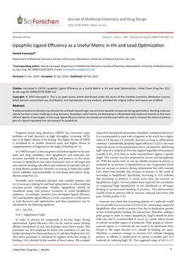 Lipophilic Ligand Efficiency As a Useful Metric in Hit and Lead Optimization