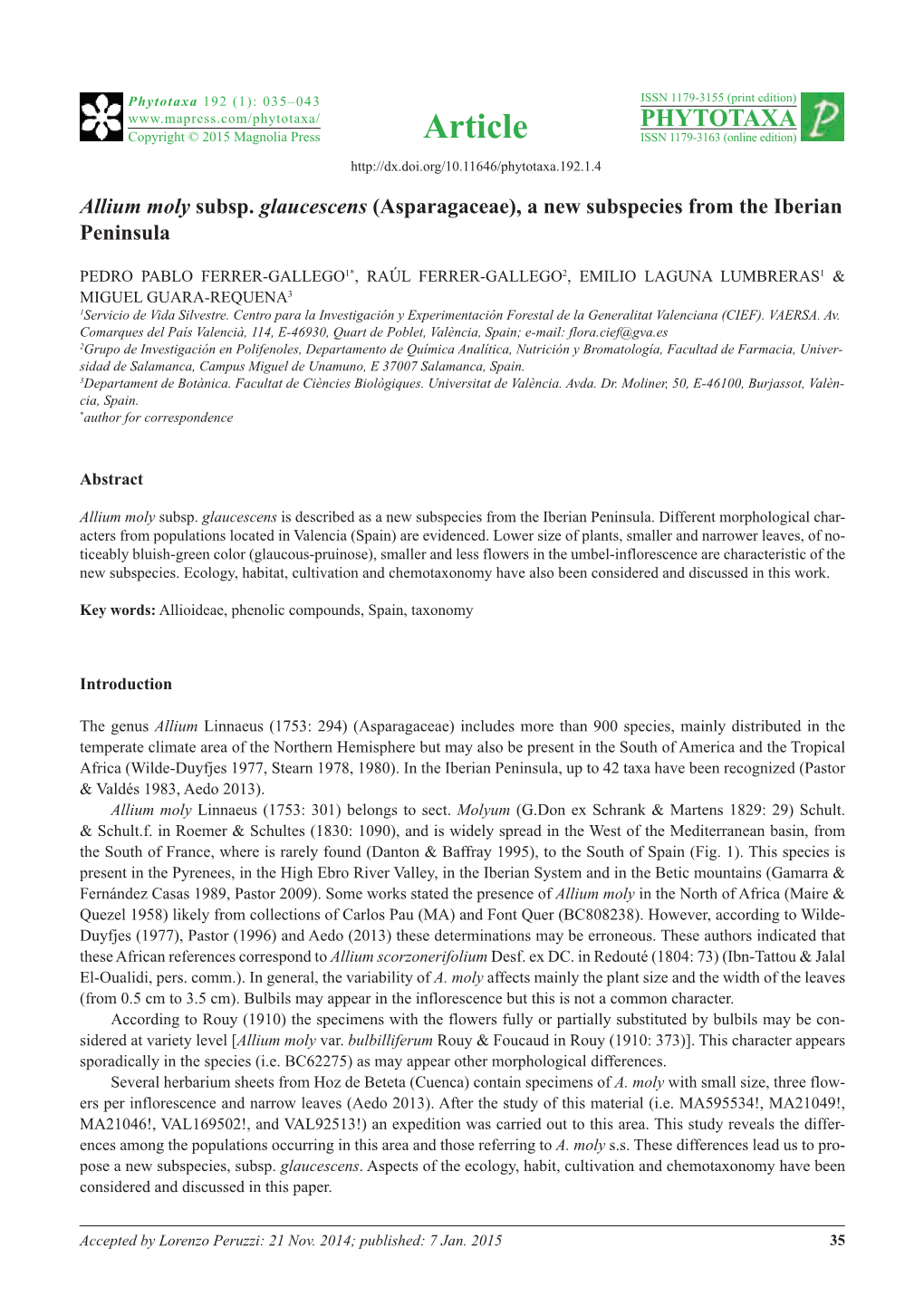 Allium Moly Subsp. Glaucescens (Asparagaceae), a New Subspecies from the Iberian Peninsula