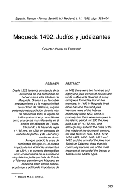 Maqueda 1492. Judíos Y Judaizantes