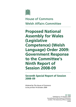 (Legislative Competence) (Welsh Language) Order 2009: Government Response to the Committee's Ninth Report of Session 2008-09