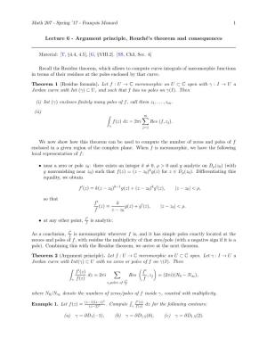 Lecture 6 - Argument Principle, Rouch´E’Stheorem and Consequences