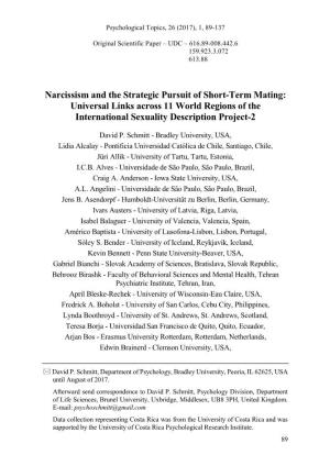 Narcissism and the Strategic Pursuit of Short-Term Mating: Universal Links Across 11 World Regions of the International Sexuality Description Project-2