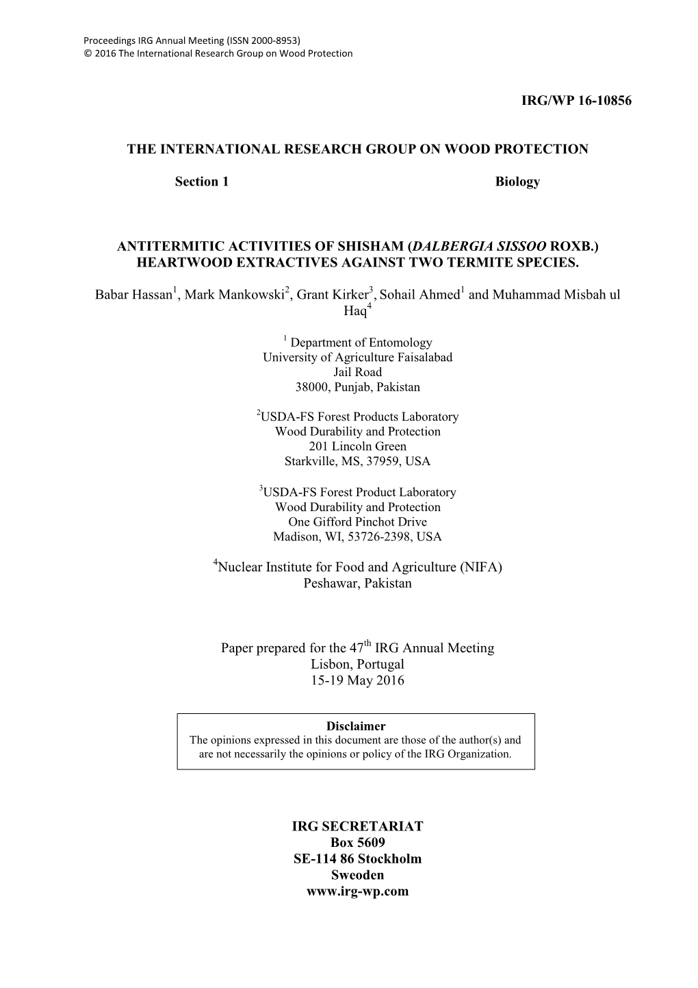 Dalbergia Sissoo Roxb.) Heartwood Extractives Against Two Termite Species