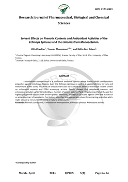 Solvent Effects on Phenolic Contents and Antioxidant Activities of the Echinops Spinosus and the Limoniastrum Monopetalum