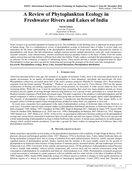 A Review of Phytoplankton Ecology in Freshwater Rivers and Lakes of India