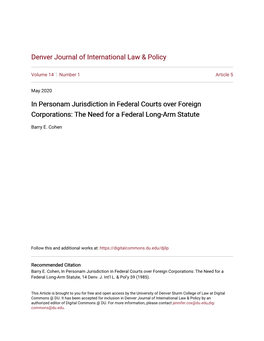 In Personam Jurisdiction in Federal Courts Over Foreign Corporations: the Need for a Federal Long-Arm Statute