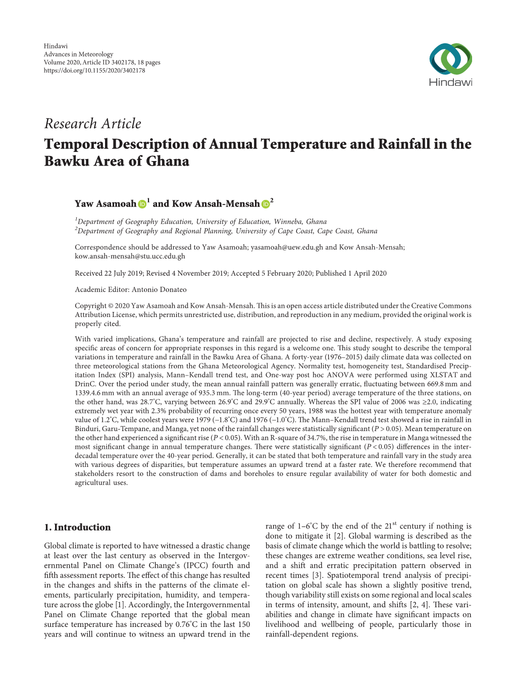 Temporal Description of Annual Temperature and Rainfall in the Bawku Area of Ghana