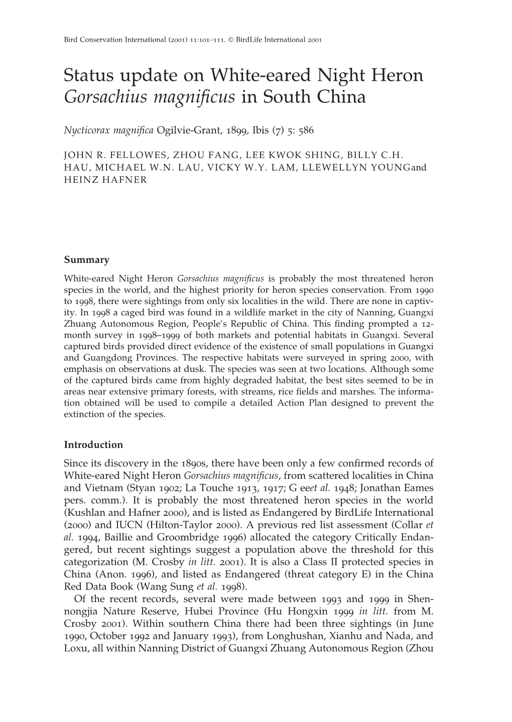 Status Update on White-Eared Night Heron Gorsachius Magnificus in South China